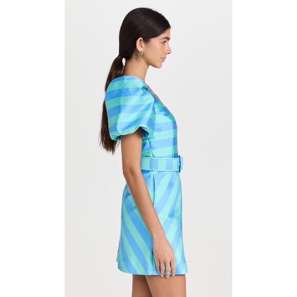 Rebecca Vallance Seychelles Blue Stripe Puff Sleeve Belted Mini Dress Size 8 - Picture 4 of 16